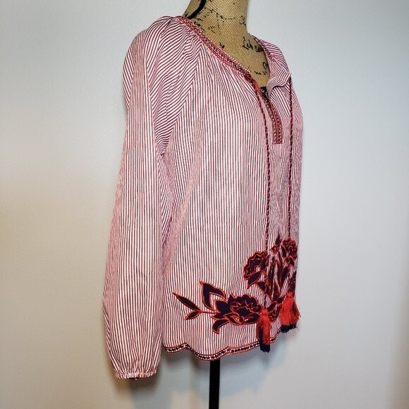 Solitaire Striped Embroidered Long Sleeve Bohemian Lightweight Blouse Size M - Picture 4 of 8
